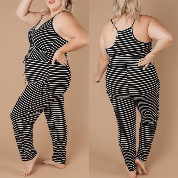Black & White Striped Surplice Jumpsuit - Picture 2 of 9